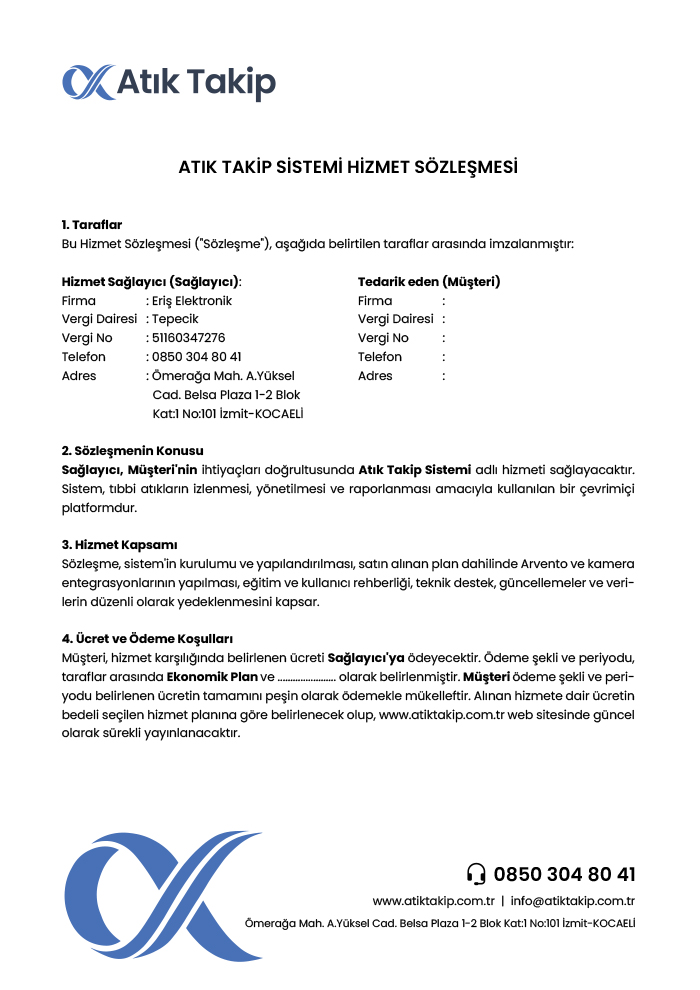 Atık Takip Sistemi Ekonomik Plan Hizmet Sözleşmesi