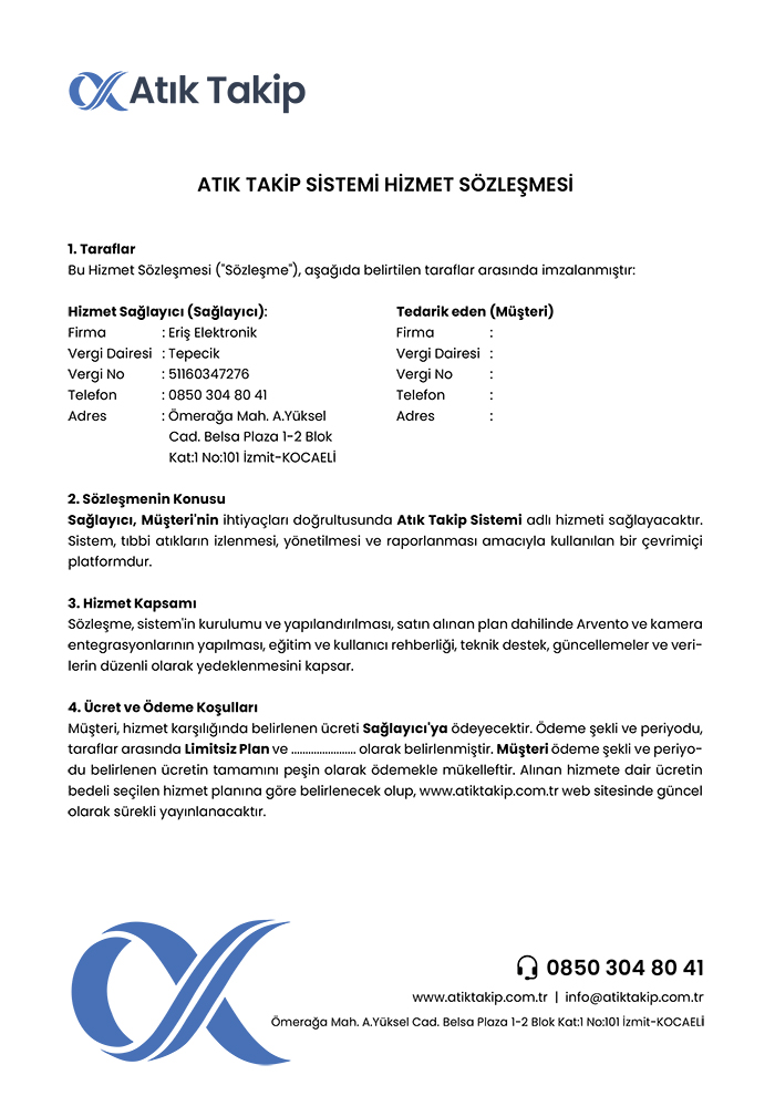 Atık Takip Sistemi Limitsiz Plan Hizmet Sözleşmesi